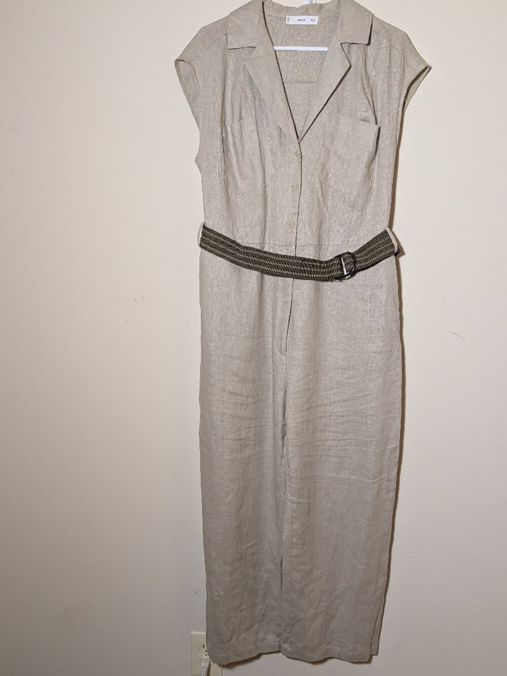 Mango Linen Notched V-Neck Collar Sleeveless Jumpsuit Sz XL Oatmeal